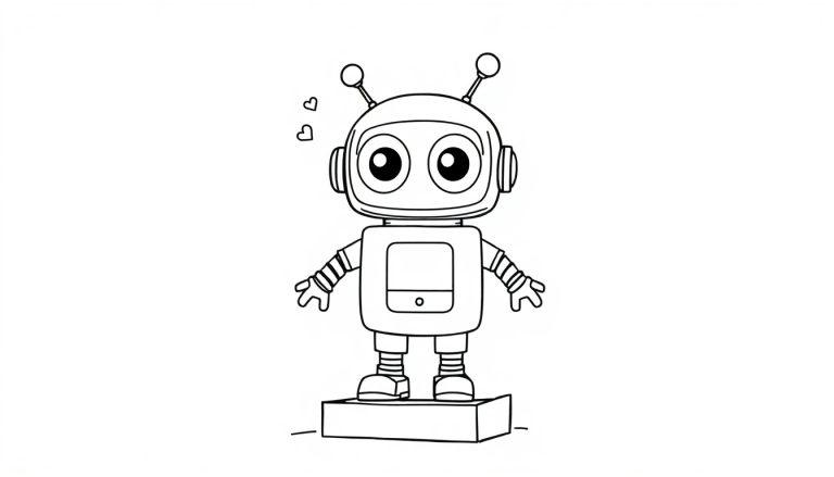 Schwarz-weißer Farbtafel-Roboter mit großen Augen und Antennen.