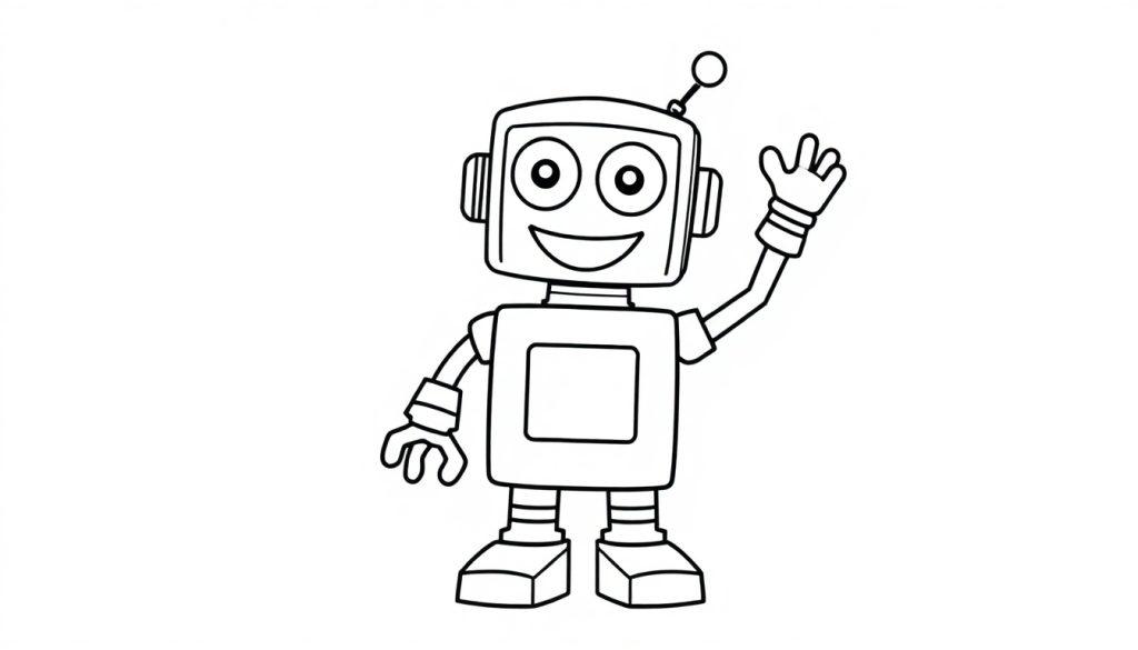 Eine Schwarz-Weiß-Farbtafel eines niedlichen Cartoon-Roboters, der mit seinem linken Arm winkt.