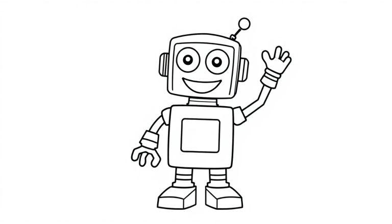 Eine Schwarz-Weiß-Farbtafel eines niedlichen Cartoon-Roboters, der mit seinem linken Arm winkt.