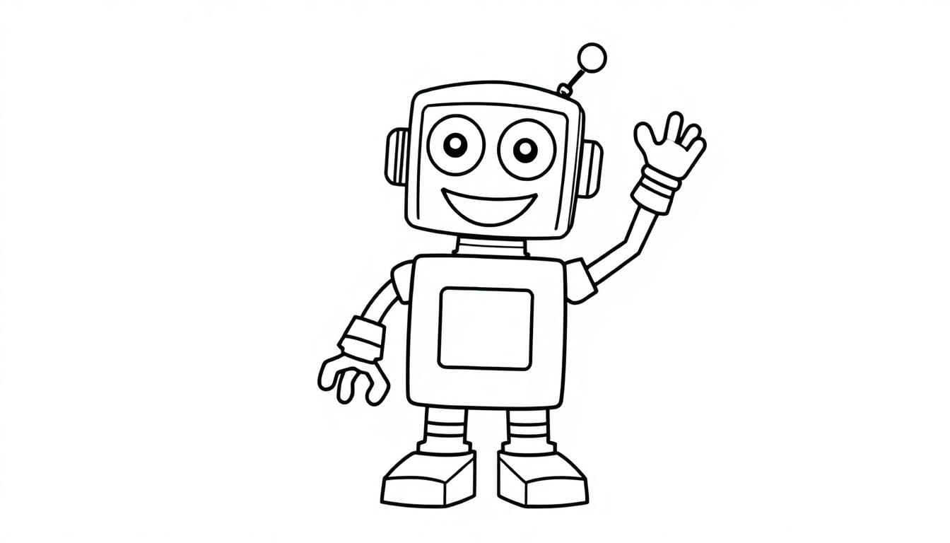 Eine Schwarz-Weiß-Farbtafel eines niedlichen Cartoon-Roboters, der mit seinem linken Arm winkt.