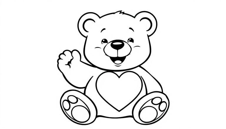 Ein niedlicher Teddybär im Schwarz-Weiß-Ausmalbild-Stil, der auf seinem Po sitzt und winkt, mit einem großen Herz auf seinem Bauch. Eine Farbtafel für fröhliche Stunden.