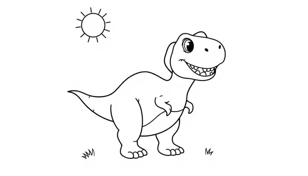 Schwarz-weißer Cartoon-Dinosaurier mit freundlichem Lächeln im Gras, eine Farbtafel für Kinder.