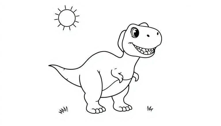 Schwarz-weißer Cartoon-Dinosaurier mit freundlichem Lächeln im Gras, eine Farbtafel für Kinder.