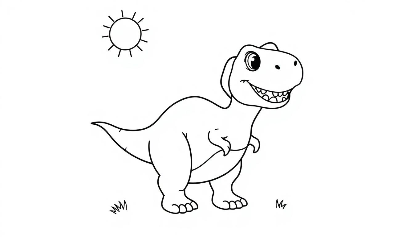 Schwarz-weißer Cartoon-Dinosaurier mit freundlichem Lächeln im Gras, eine Farbtafel für Kinder.