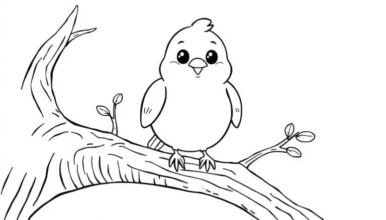 Eine Schwarz-Weiß-Farbtafel eines niedlichen Cartoon-Vogels, der auf einem Ast sitzt.