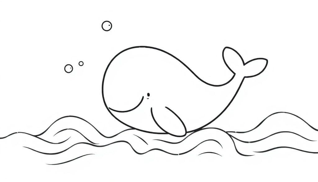 Schwarz-weiße Farbtafel eines niedlichen Cartoon-Wals, der in den Wellen schwimmt.