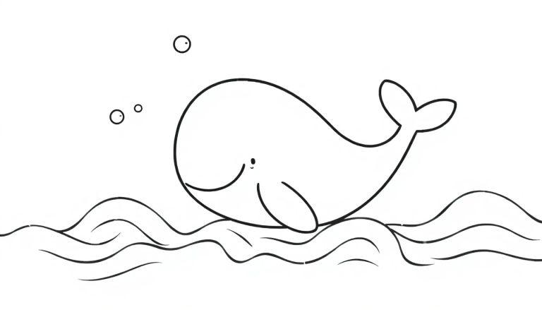 Schwarz-weiße Farbtafel eines niedlichen Cartoon-Wals, der in den Wellen schwimmt.