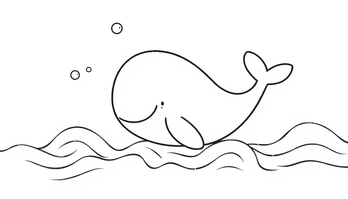 Schwarz-weiße Farbtafel eines niedlichen Cartoon-Wals, der in den Wellen schwimmt.