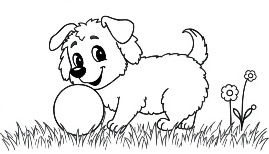 Schwarz-weiße Farbtafel: Ein niedlicher Cartoon-Welpe im Gras spielt mit einem runden Ball, Blumen im Hintergrund.