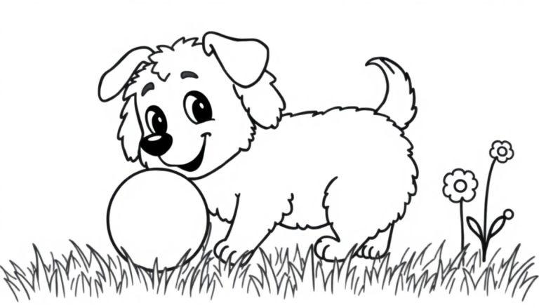 Schwarz-weiße Farbtafel: Ein niedlicher Cartoon-Welpe im Gras spielt mit einem runden Ball, Blumen im Hintergrund.