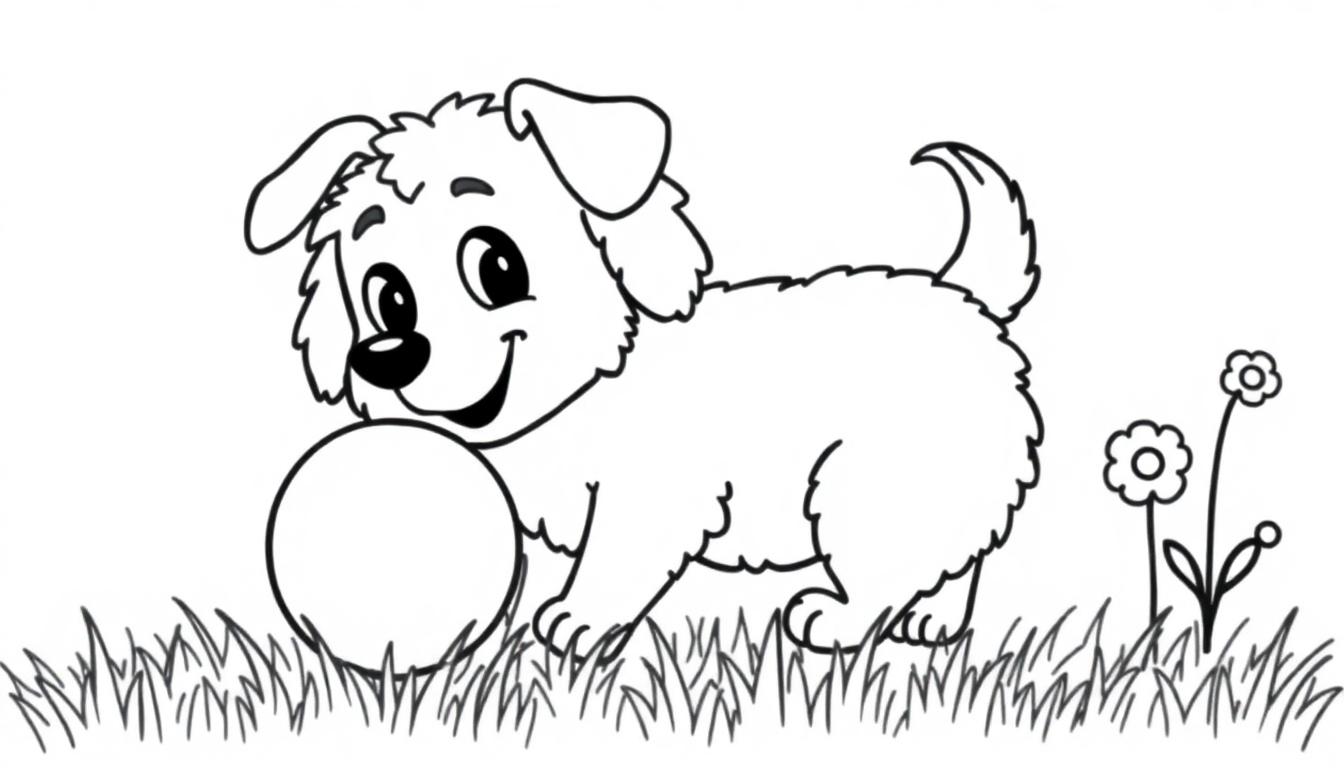 Schwarz-weiße Farbtafel: Ein niedlicher Cartoon-Welpe im Gras spielt mit einem runden Ball, Blumen im Hintergrund.