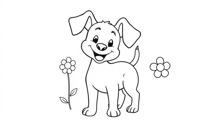 Eine Schwarz-Weiß-Farbtafel eines niedlichen Cartoon-Welpen mit großen Ohren, der zwischen zwei Blumen steht. Der Welpe hat ein freundliches Lächeln und einen wedelnden Schwanz.
