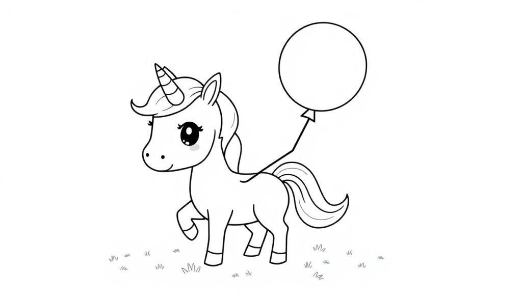 Eine niedliche Schwarz-Weiß-Farbtafel eines Chibi-Einhorns, das einen Ballon hält.