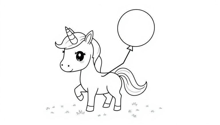 Eine niedliche Schwarz-Weiß-Farbtafel eines Chibi-Einhorns, das einen Ballon hält.