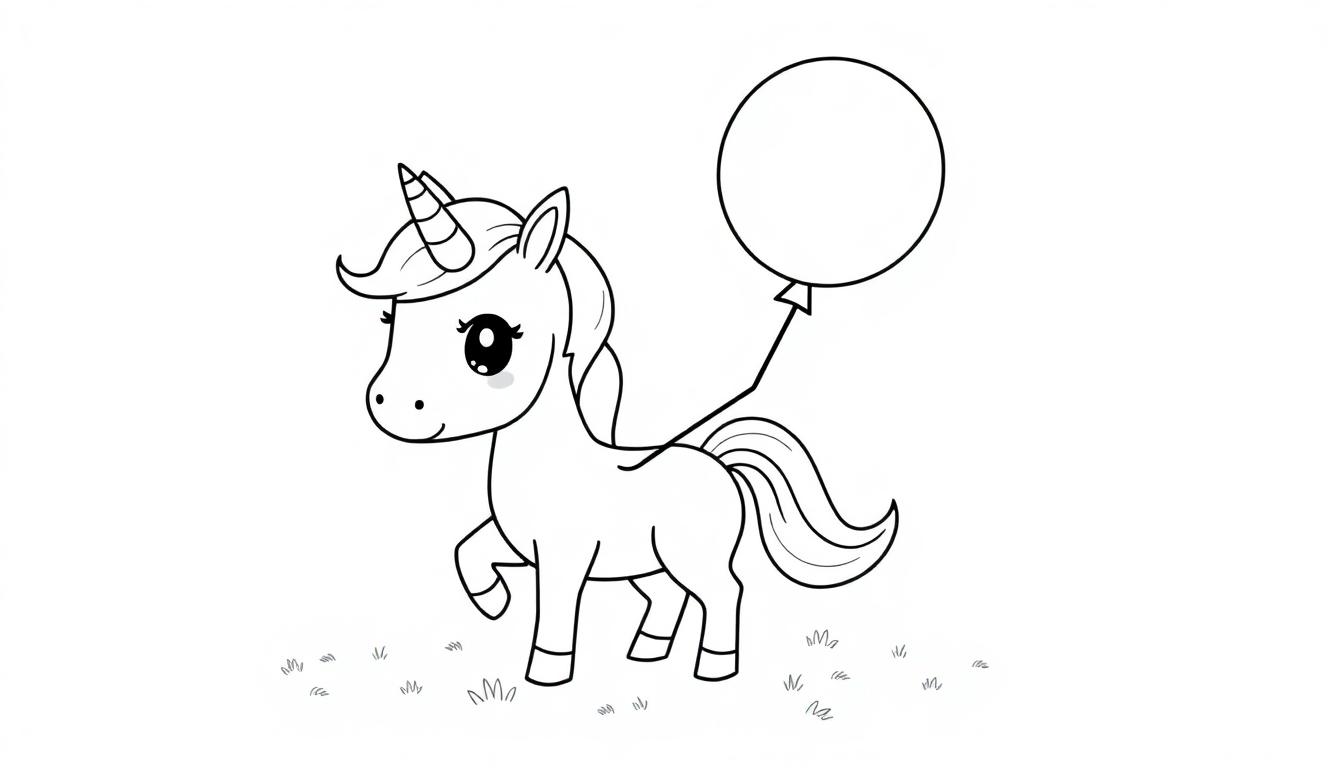 Eine niedliche Schwarz-Weiß-Farbtafel eines Chibi-Einhorns, das einen Ballon hält.