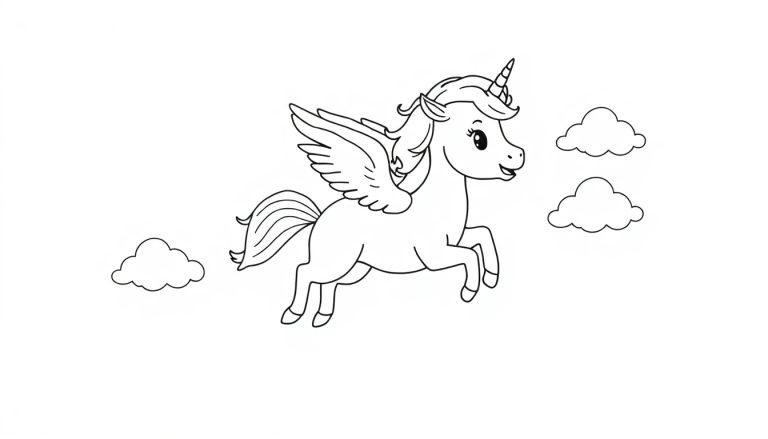 Schwarz-weiß Farbtafel-Zeichnung eines niedlichen Cartoon-Einhorns mit Flügeln, das zwischen Wolken schwebt.