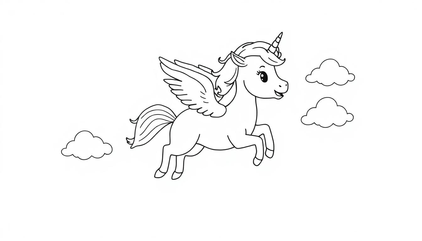 Schwarz-weiß Farbtafel-Zeichnung eines niedlichen Cartoon-Einhorns mit Flügeln, das zwischen Wolken schwebt.