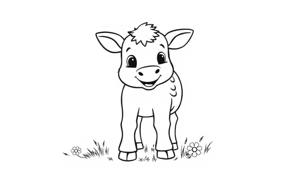 Niedliche Kuh mit großen Augen im Feld, bereit zur Farbtafel.