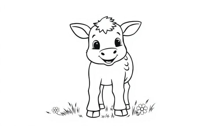 Niedliche Kuh mit großen Augen im Feld, bereit zur Farbtafel.