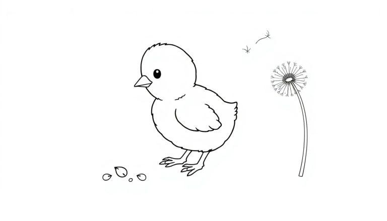Eine niedliche, schwarz-weiße Farbtafel eines Küken neben einer Pusteblume mit einigen Samen davor, bereit zum Ausmalen.