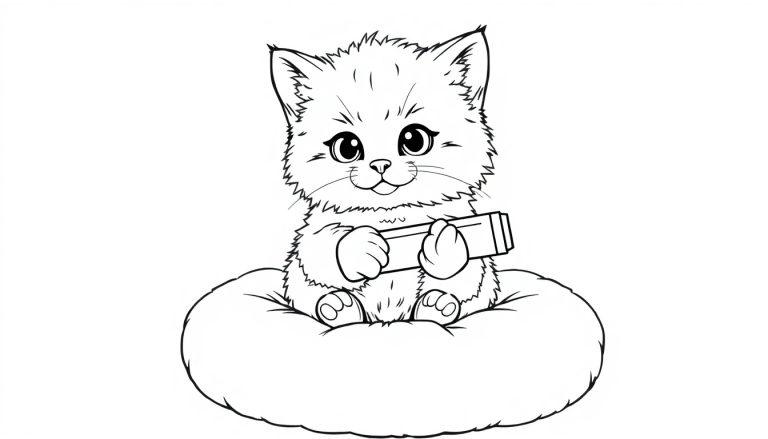 Schwarz-weiße Farbtafel-Illustration eines niedlichen Kätzchens, das auf einem Kissen sitzt und einen Stift hält.