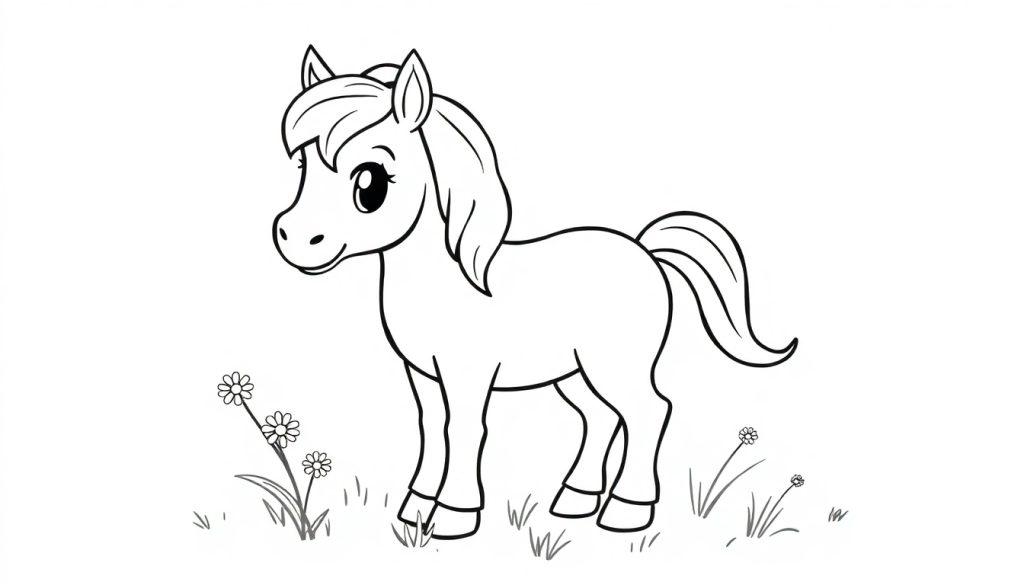 Ein niedliches, strichgezeichnetes Cartoon-Pony auf einer Wiese mit Gänseblümchen, bereit zum Ausmalen als Farbtafel.