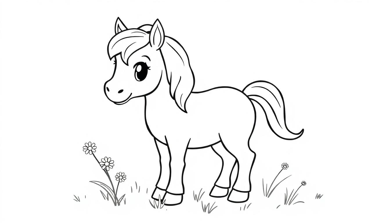 Ein niedliches, strichgezeichnetes Cartoon-Pony auf einer Wiese mit Gänseblümchen, bereit zum Ausmalen als Farbtafel.