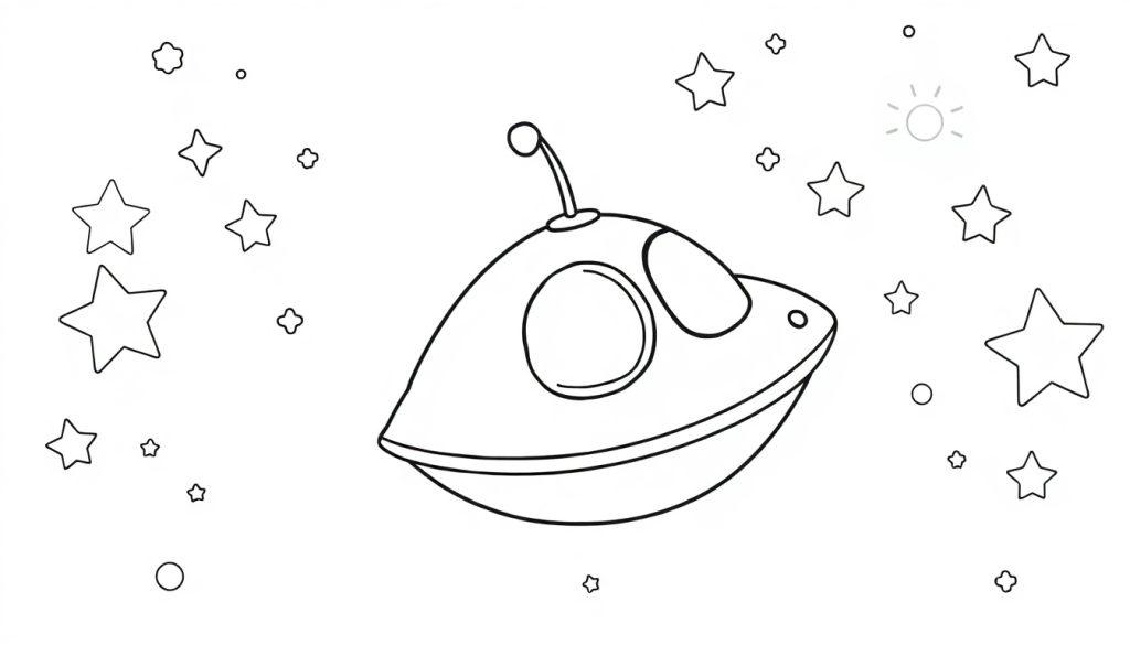 Schwarz-Weiß-Farbtafel eines fliegenden Untertassen-Raumschiffs, das im Weltraum schwebt, umgeben von Sternen und Planeten.
