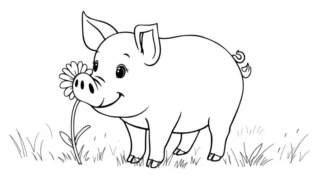 Eine niedliche Schwarz-Weiß-Farbtafel eines Schweins, das an einer Blume schnuppert, perfekt zum Ausmalen.