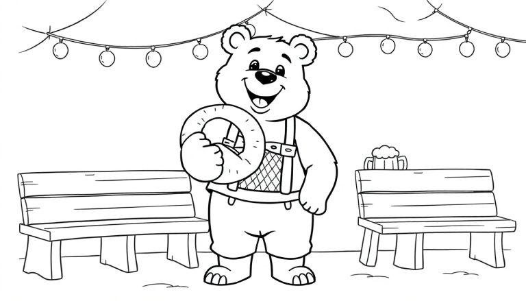 Schwarz-Weiß-Farbtafel-Zeichnung eines Teddybären im Oktoberfest-Stil mit einer Brezel und einer Lichterkette.