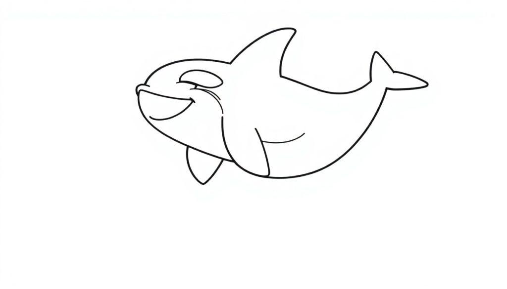 Eine Umrisszeichnung eines freundlichen Orca-Wals für eine Farbtafel.