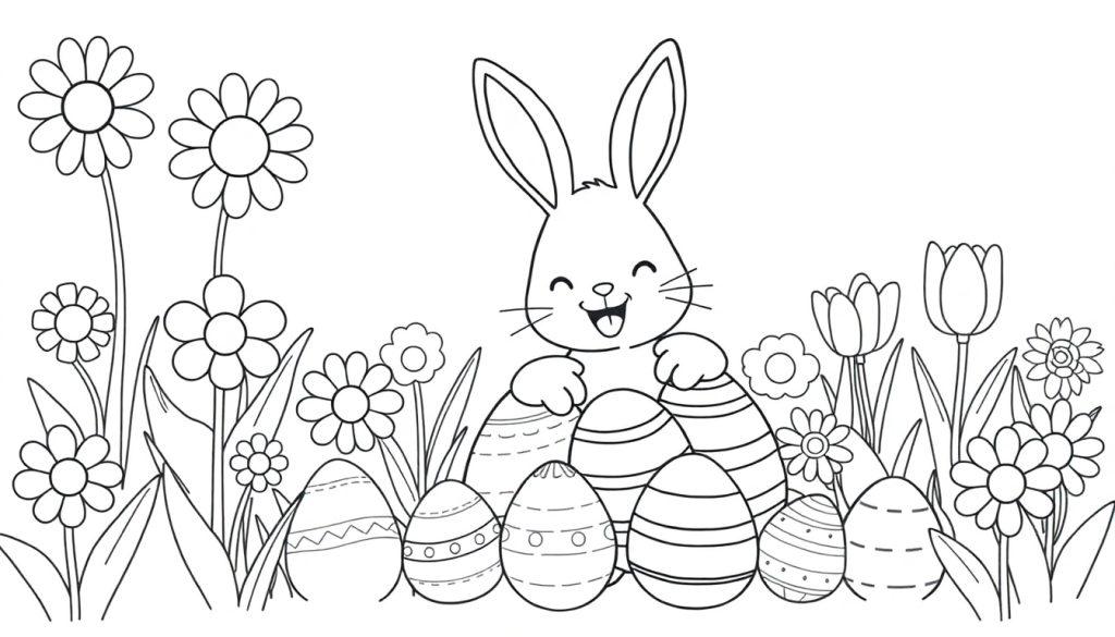 Schwarz-Weiß-Farbtafel: Niedlicher Hase mit Ostereiern und Blumen.