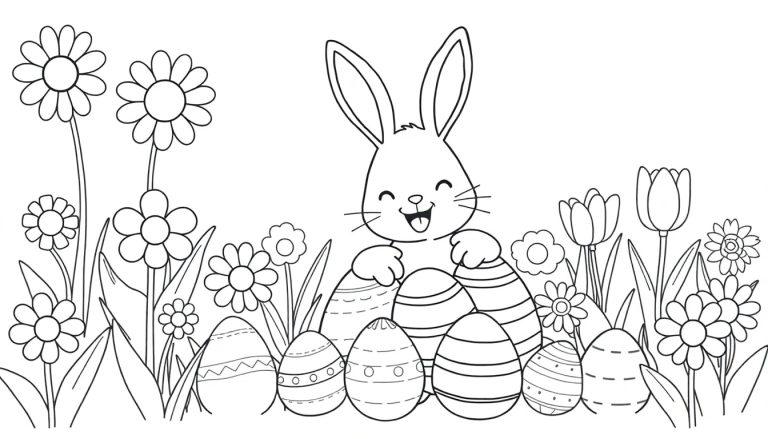 Schwarz-Weiß-Farbtafel: Niedlicher Hase mit Ostereiern und Blumen.