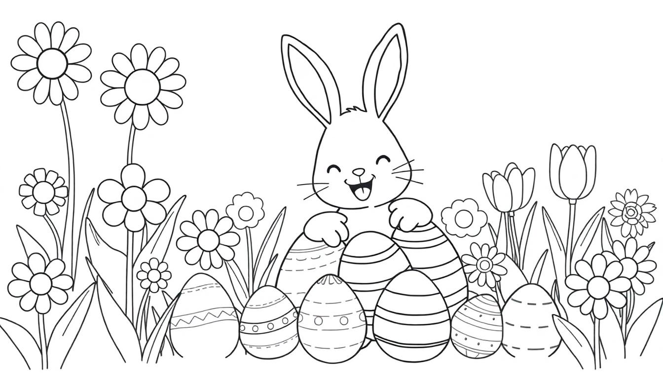 Schwarz-Weiß-Farbtafel: Niedlicher Hase mit Ostereiern und Blumen.