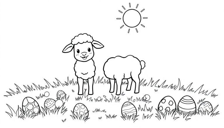 Schwarz-weiße Farbtafel zum Ausmalen eines fröhlichen Osterlamms mit Ostereiern und einer Sonne.