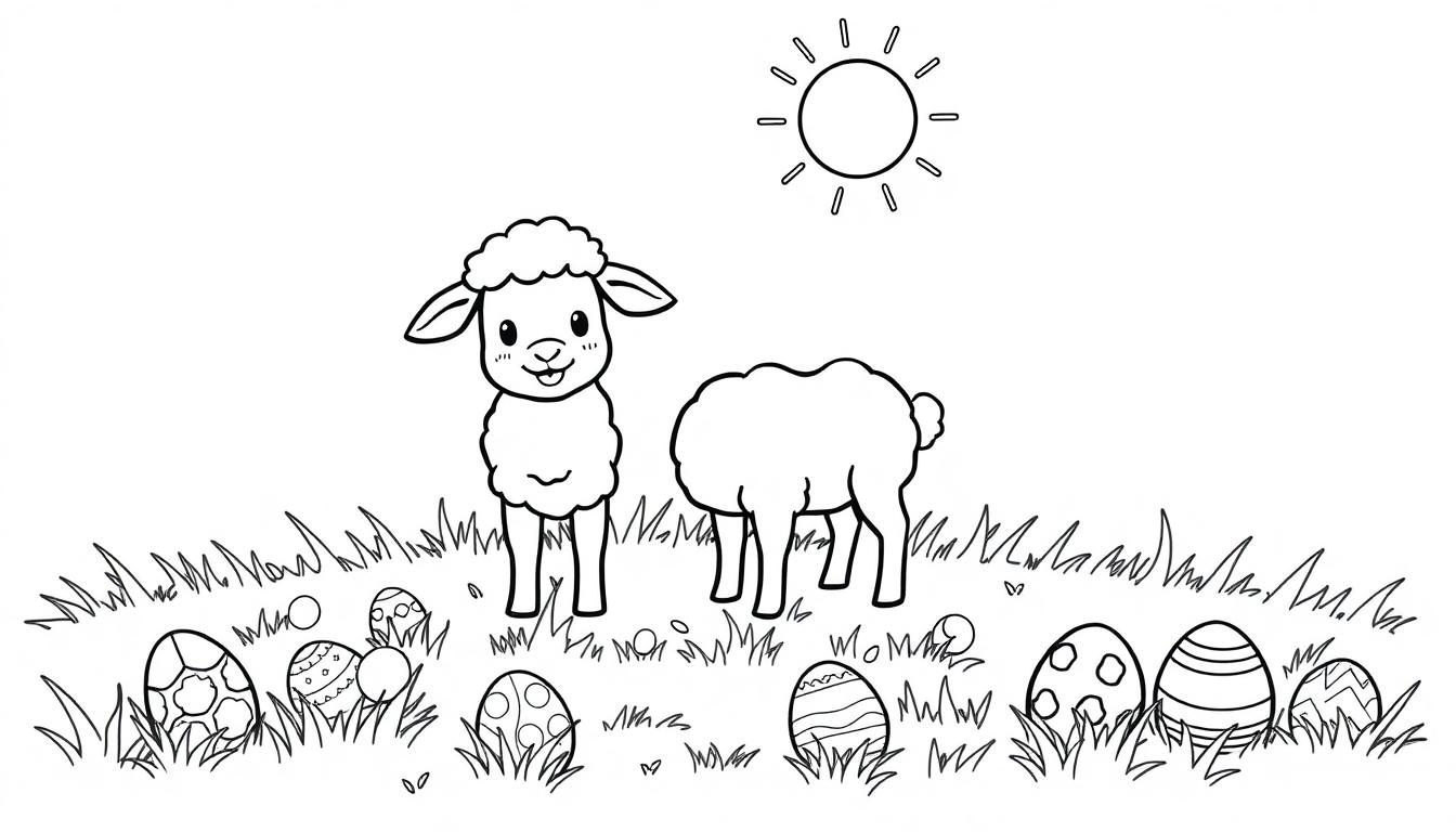 Schwarz-weiße Farbtafel zum Ausmalen eines fröhlichen Osterlamms mit Ostereiern und einer Sonne.