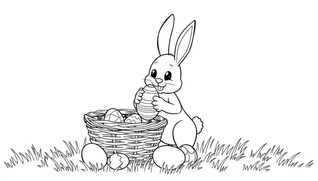 Ein niedlicher schwarz-weißer Cartoon-Hase hält ein Osterei und steht neben einem Korb voller Ostereier. Es ist eine Ausmalseite-Farbtafel.