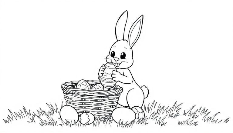 Ein niedlicher schwarz-weißer Cartoon-Hase hält ein Osterei und steht neben einem Korb voller Ostereier. Es ist eine Ausmalseite-Farbtafel.