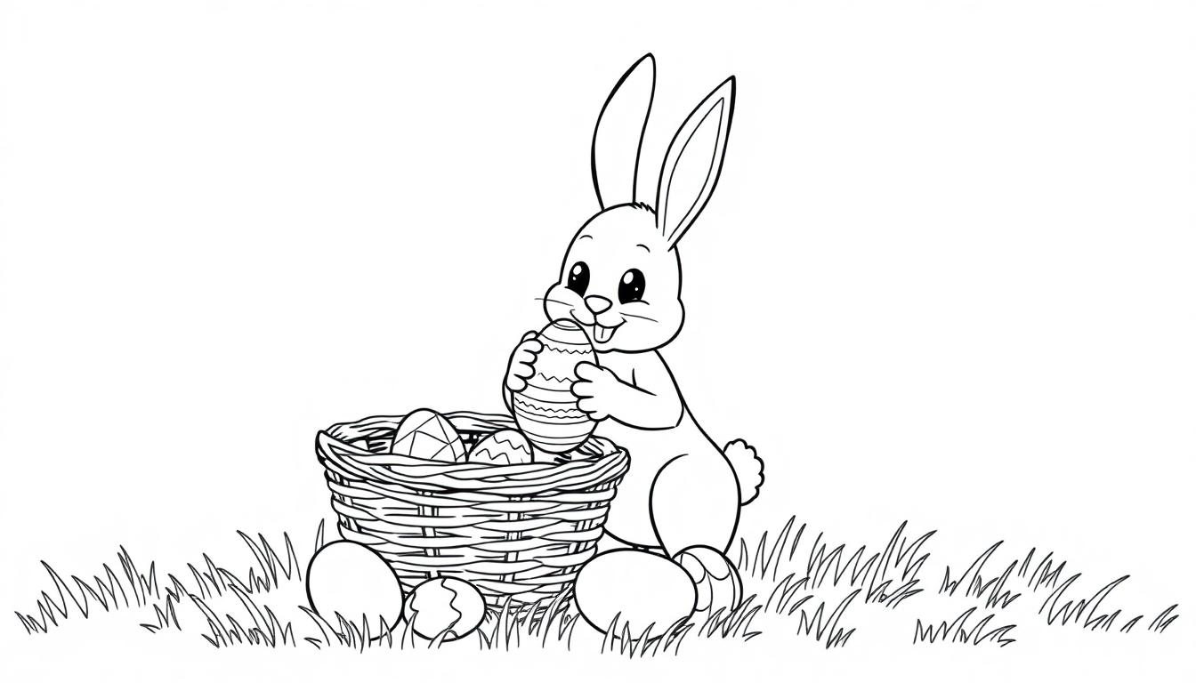 Ein niedlicher schwarz-weißer Cartoon-Hase hält ein Osterei und steht neben einem Korb voller Ostereier. Es ist eine Ausmalseite-Farbtafel.