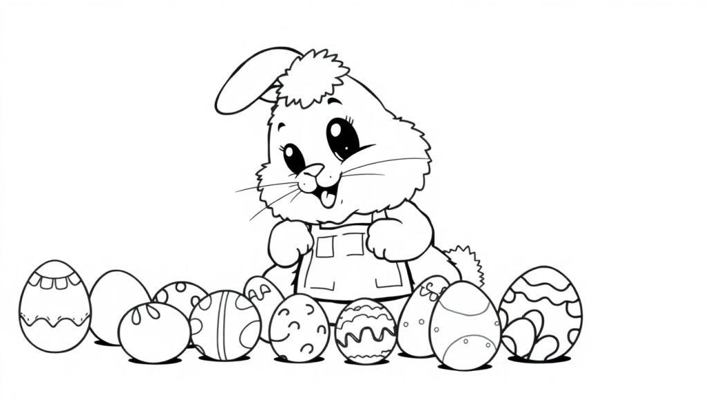 Schwarz-weiße Farbtafel eines Cartoon-Osterhasen mit Ostereiern.