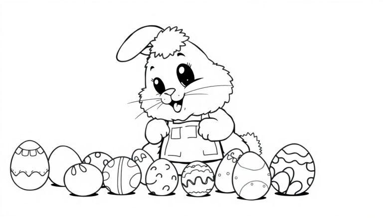 Schwarz-weiße Farbtafel eines Cartoon-Osterhasen mit Ostereiern.