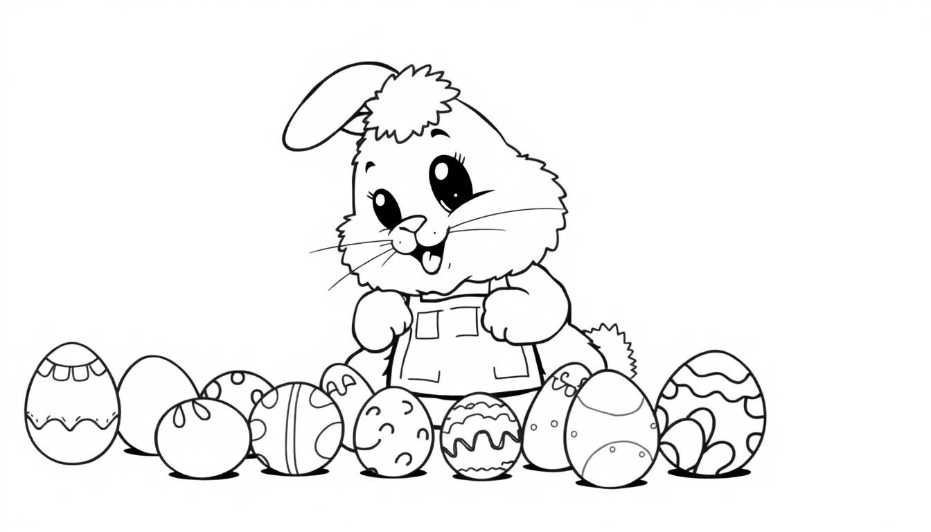 Schwarz-weiße Farbtafel eines Cartoon-Osterhasen mit Ostereiern.