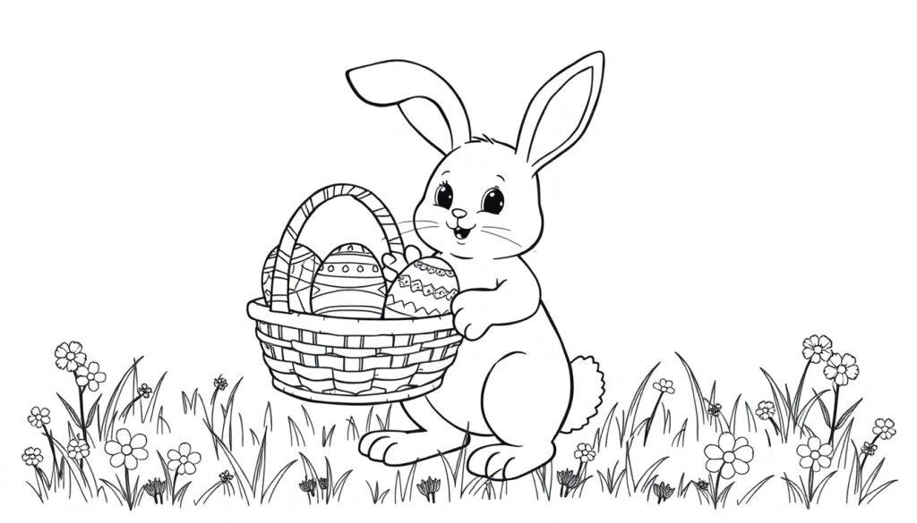 Schwarz-Weiß-Farbtafel-Illustration eines Osterhasen mit einem Korb voller bunter Ostereier auf einer frühlingshaften Blumenwiese.