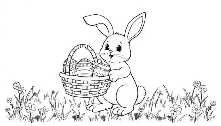 Schwarz-Weiß-Farbtafel-Illustration eines Osterhasen mit einem Korb voller bunter Ostereier auf einer frühlingshaften Blumenwiese.