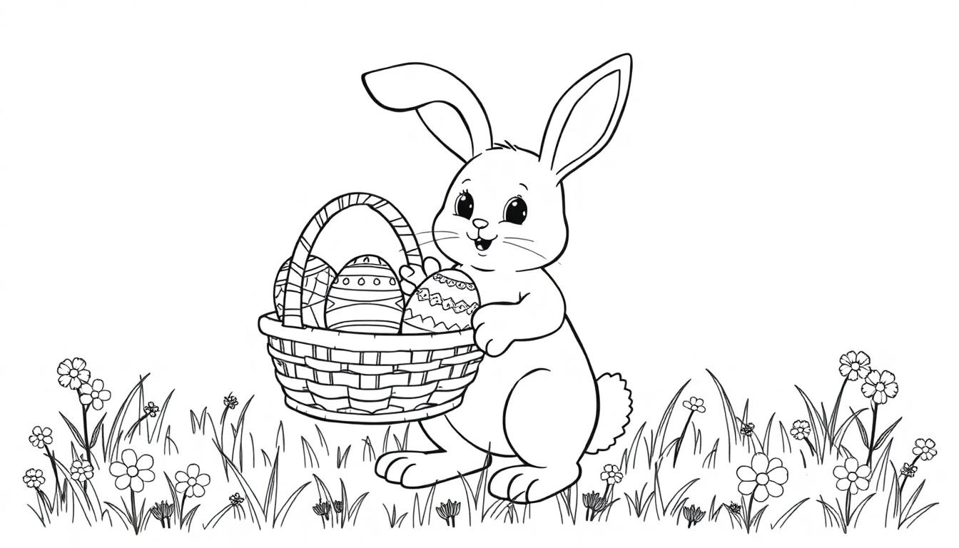 Schwarz-Weiß-Farbtafel-Illustration eines Osterhasen mit einem Korb voller bunter Ostereier auf einer frühlingshaften Blumenwiese.