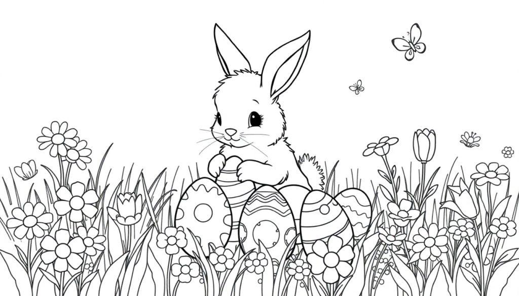 Schwarz-weiß Farbtafel: Ein süßer Osterhase hält bunte Eier im hohen Gras mit Blumen und Schmetterlingen, bereit zum Ausmalen.