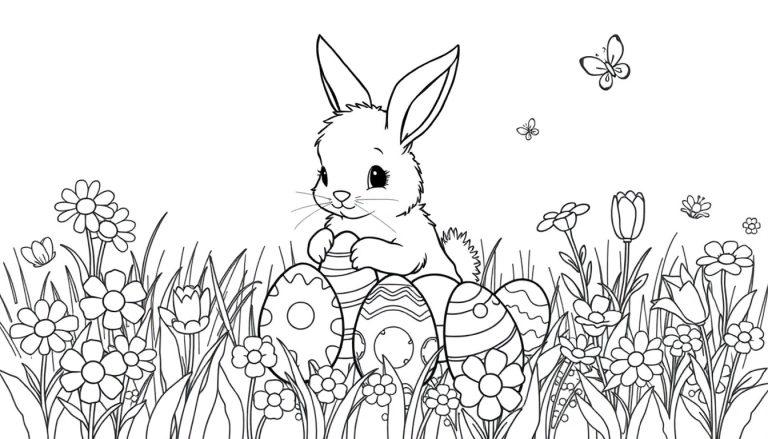 Schwarz-weiß Farbtafel: Ein süßer Osterhase hält bunte Eier im hohen Gras mit Blumen und Schmetterlingen, bereit zum Ausmalen.