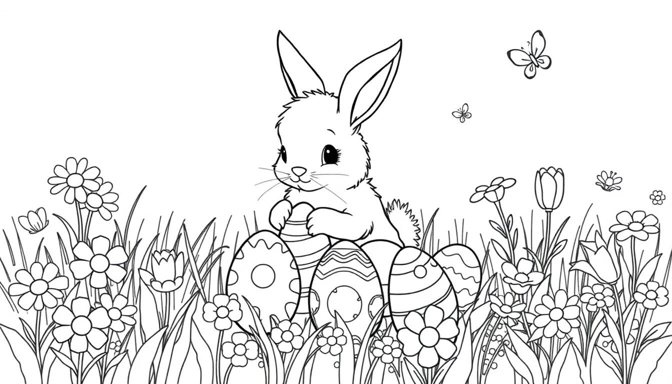 Schwarz-weiß Farbtafel: Ein süßer Osterhase hält bunte Eier im hohen Gras mit Blumen und Schmetterlingen, bereit zum Ausmalen.