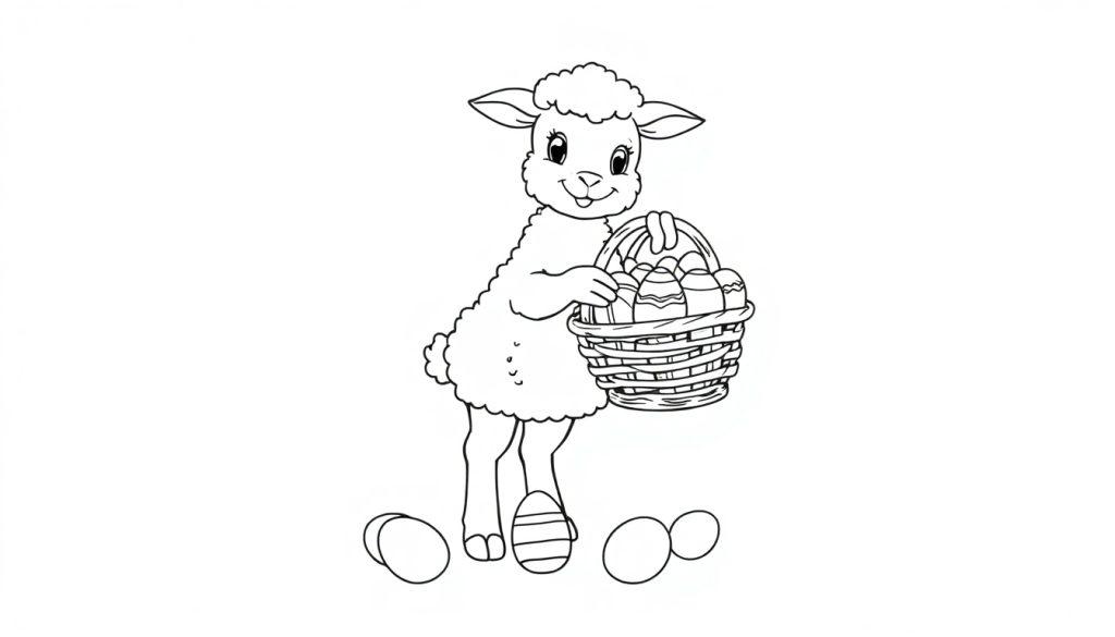 Schwarz-Weiß-Farbtafel eines niedlichen Lamms, das ein Körbchen voller Ostereier trägt.