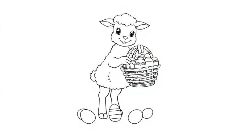 Schwarz-Weiß-Farbtafel eines niedlichen Lamms, das ein Körbchen voller Ostereier trägt.